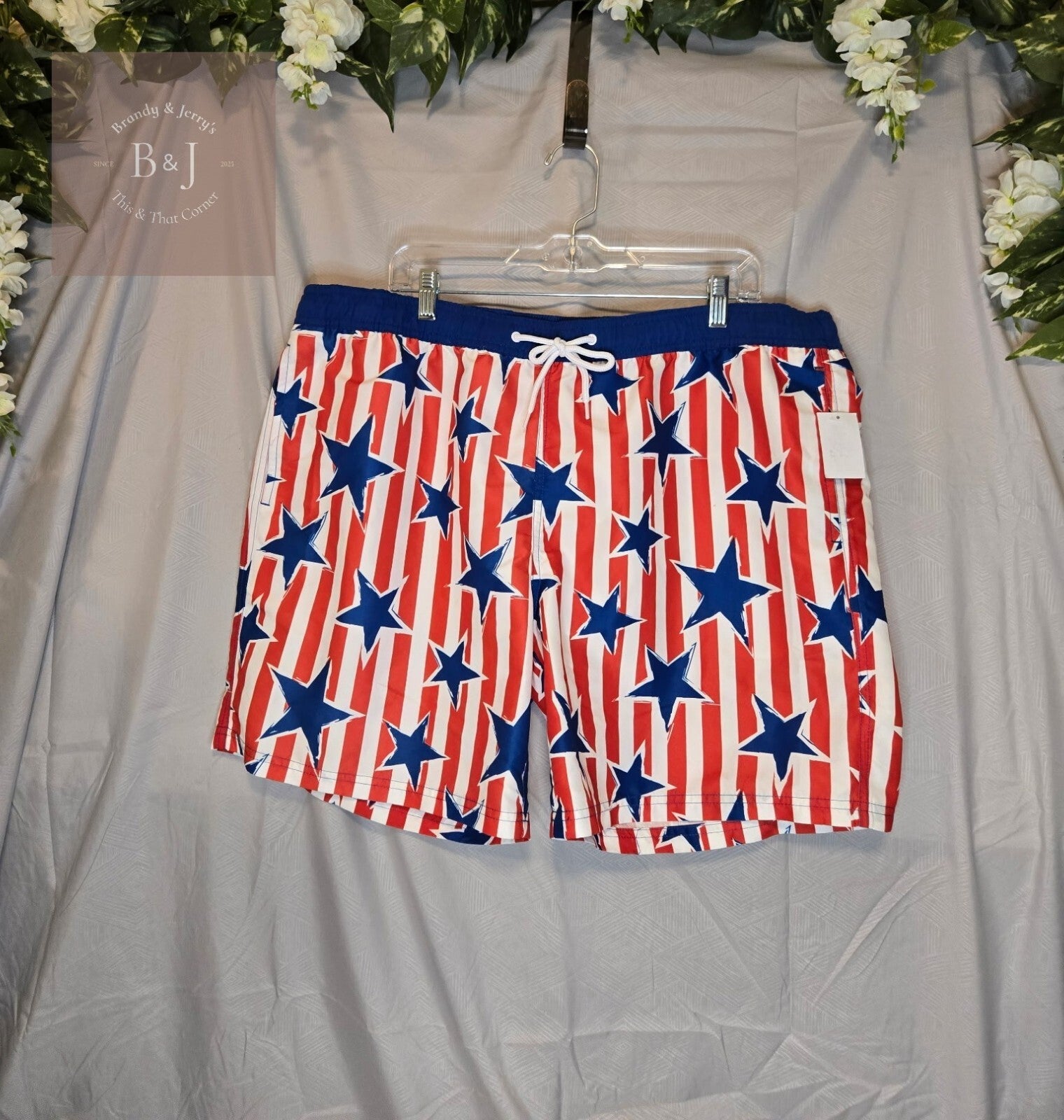 Men's Mad Engine Swim Trunks Red, White Stripes w/ Blue Stars UPF 50+