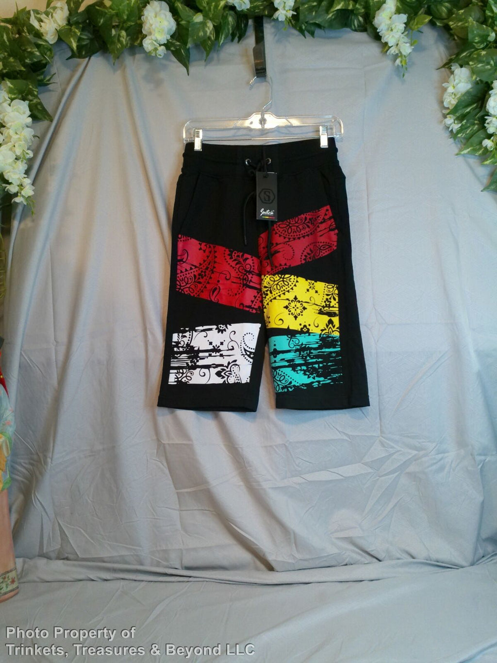 Stitch Remarkable Black Board Shorts with Red, Yellow & Teal Patches, Size S