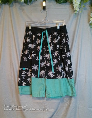 Men's Trucal Swim Trunks Size L Black w/ Blue Palm