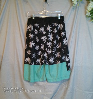 Men's Trucal Swim Trunks Size L Black w/ Blue Palm