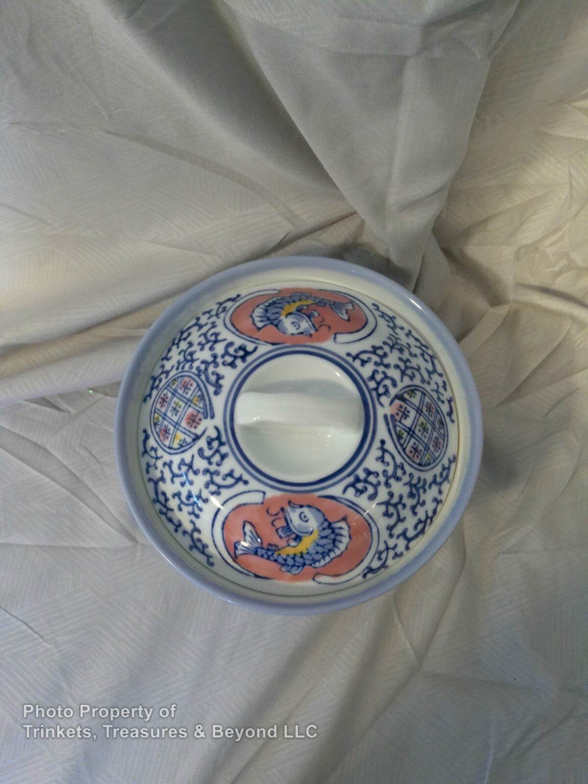 Vintage Ceramic Chinese Tea Caddy White with Blue and Red hand painted design
