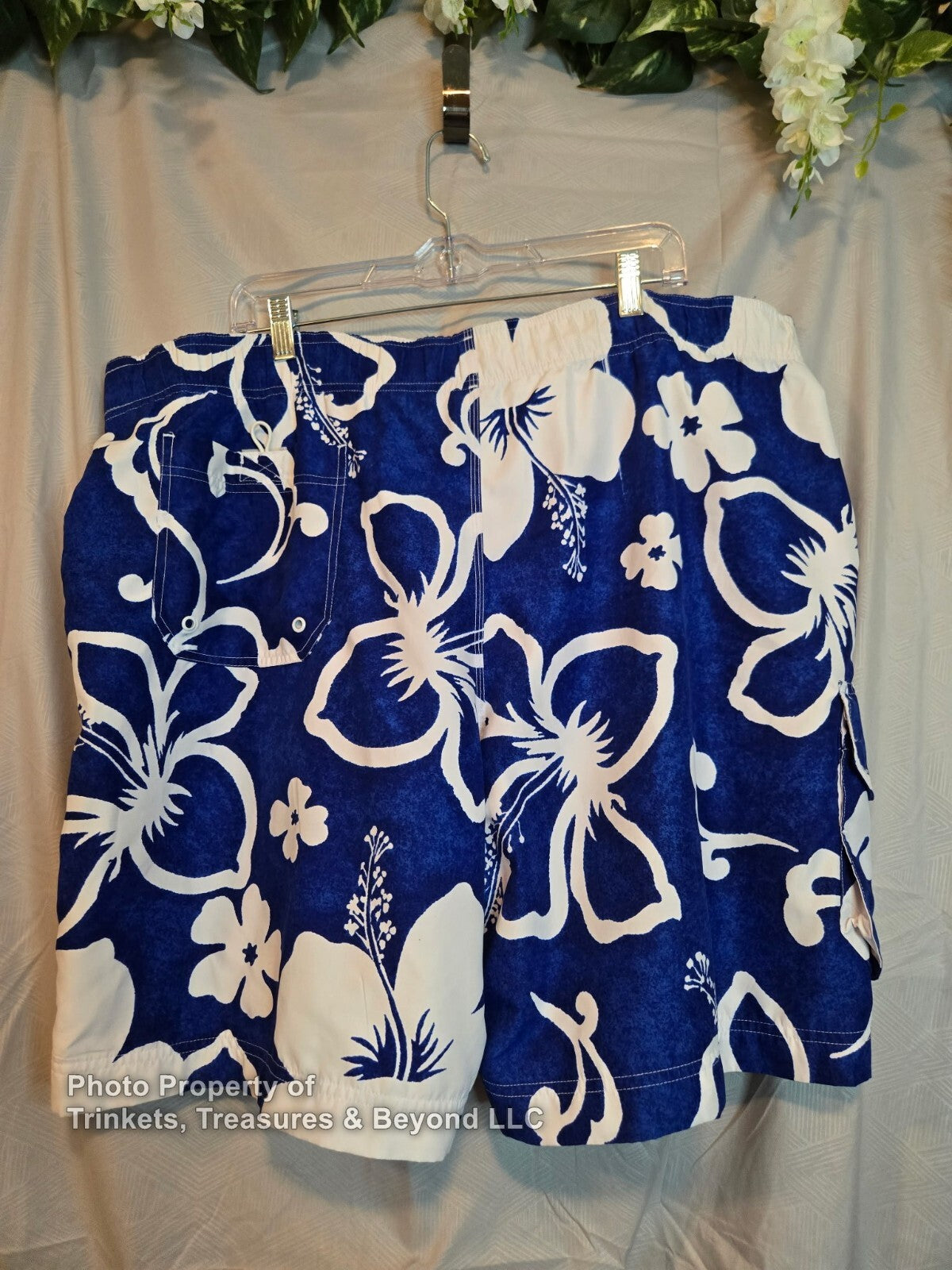 Men's Blue Curl Swim Trinks Blue and White Flowers Size XL