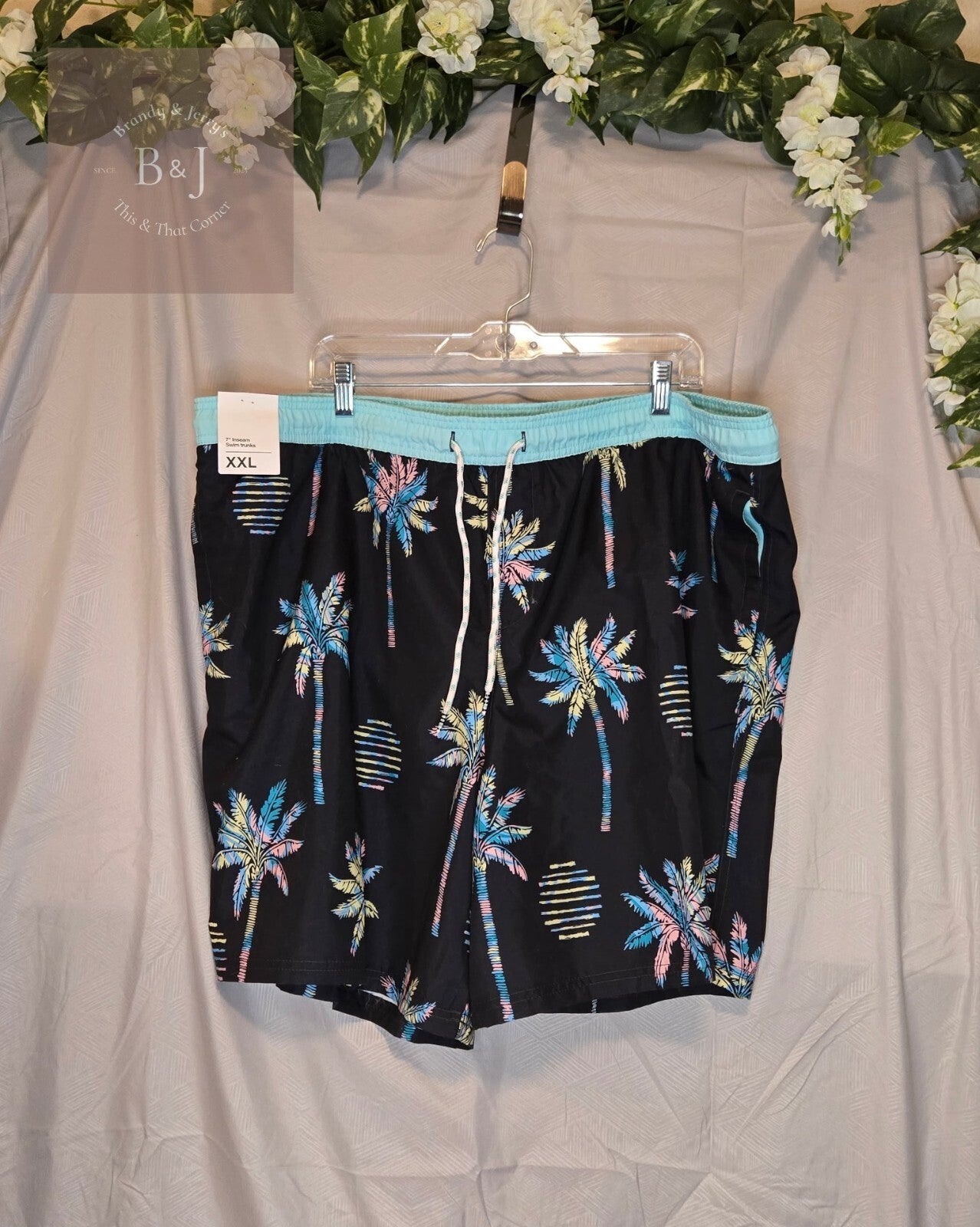 Men's Original Use Swim Trunks Black w/ Colored Palm Trees UPF 50+ Siz