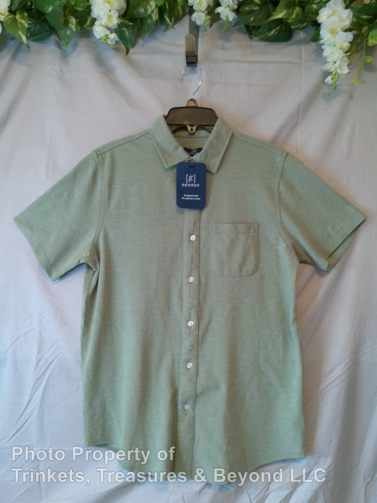 Men's George Button Up Short Sleeve Casual Shirt with Pocket Light Green Size S