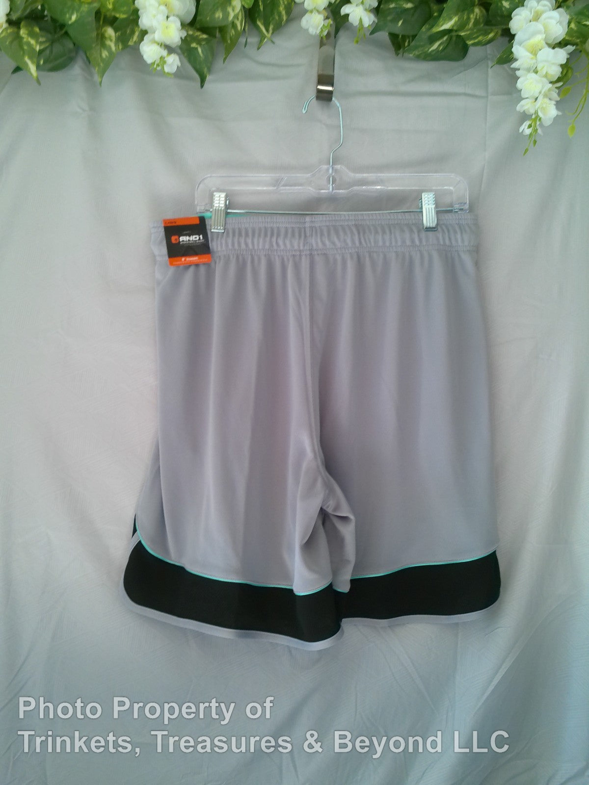 Men's AND1 Basketball Shorts 8" inseam Gray & Black with Teal Trim Size L