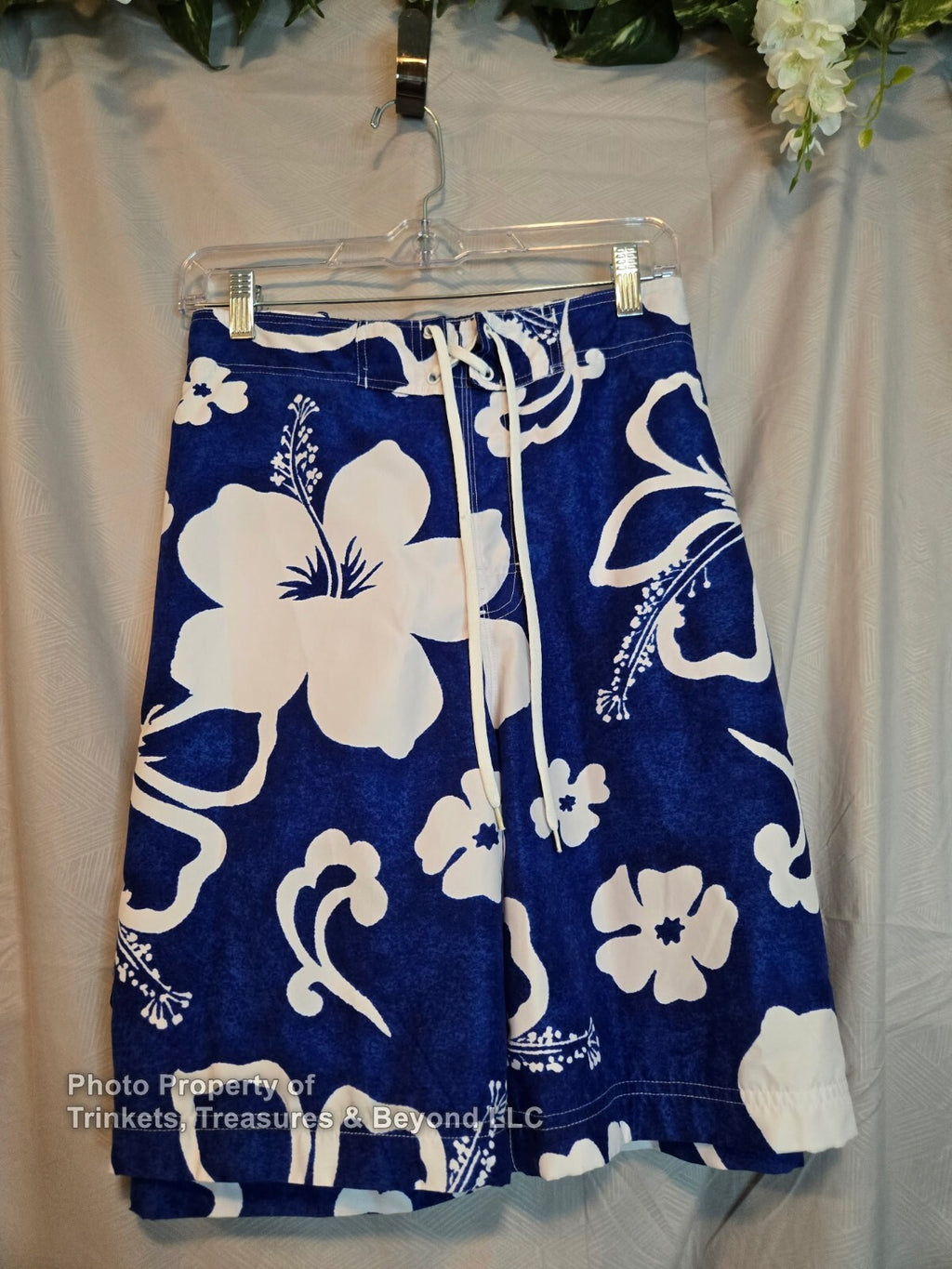 Men's Blue Curl Swim Trinks Blue and White Flowers Size XL