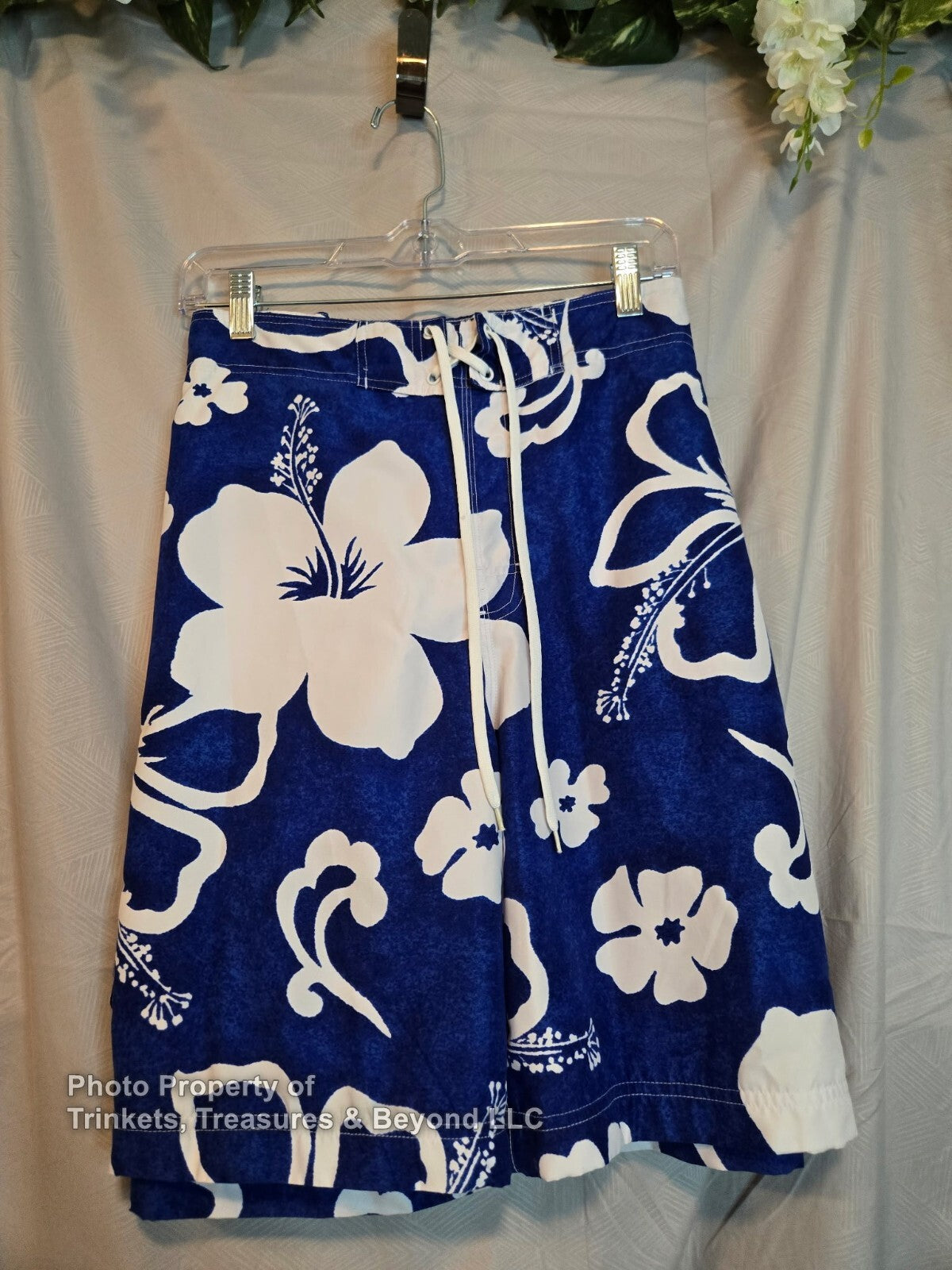 Men's Blue Curl Swim Trinks Blue and White Flowers Size XL