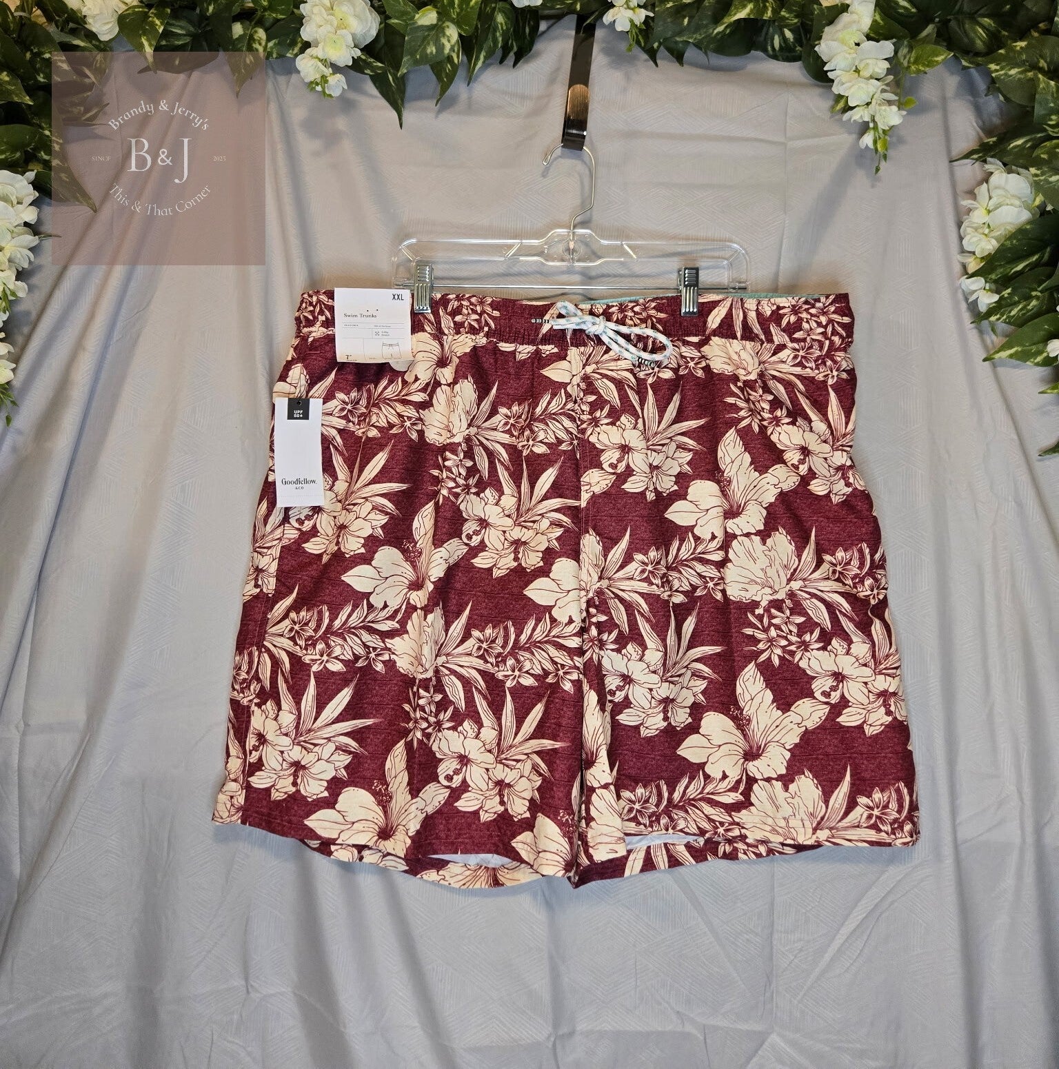 Men's Goodfellow Swim Trunks Maroon w/ White Floral Pattern UPF 50+ Size 2XL