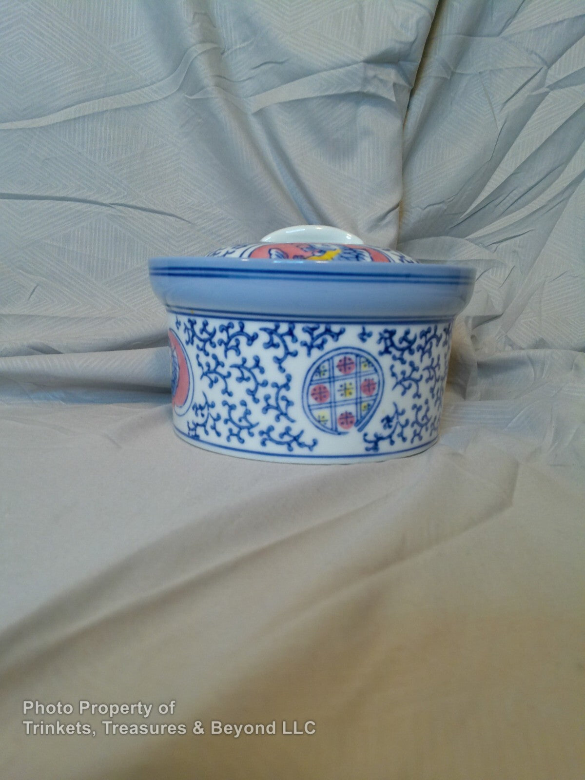 Vintage Ceramic Chinese Tea Caddy White with Blue and Red hand painted design