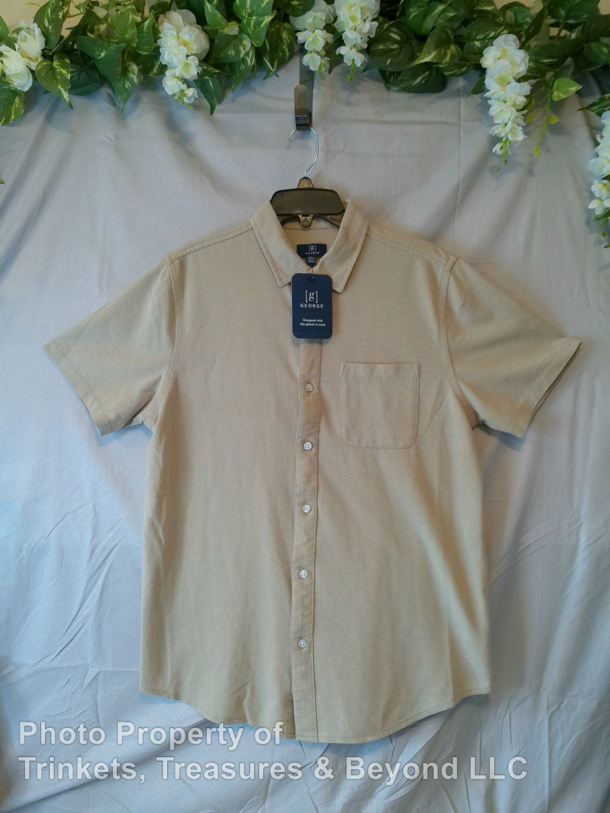 Men's George Button Up Short Sleeve Casual Shirt with Pocket Beige Size M