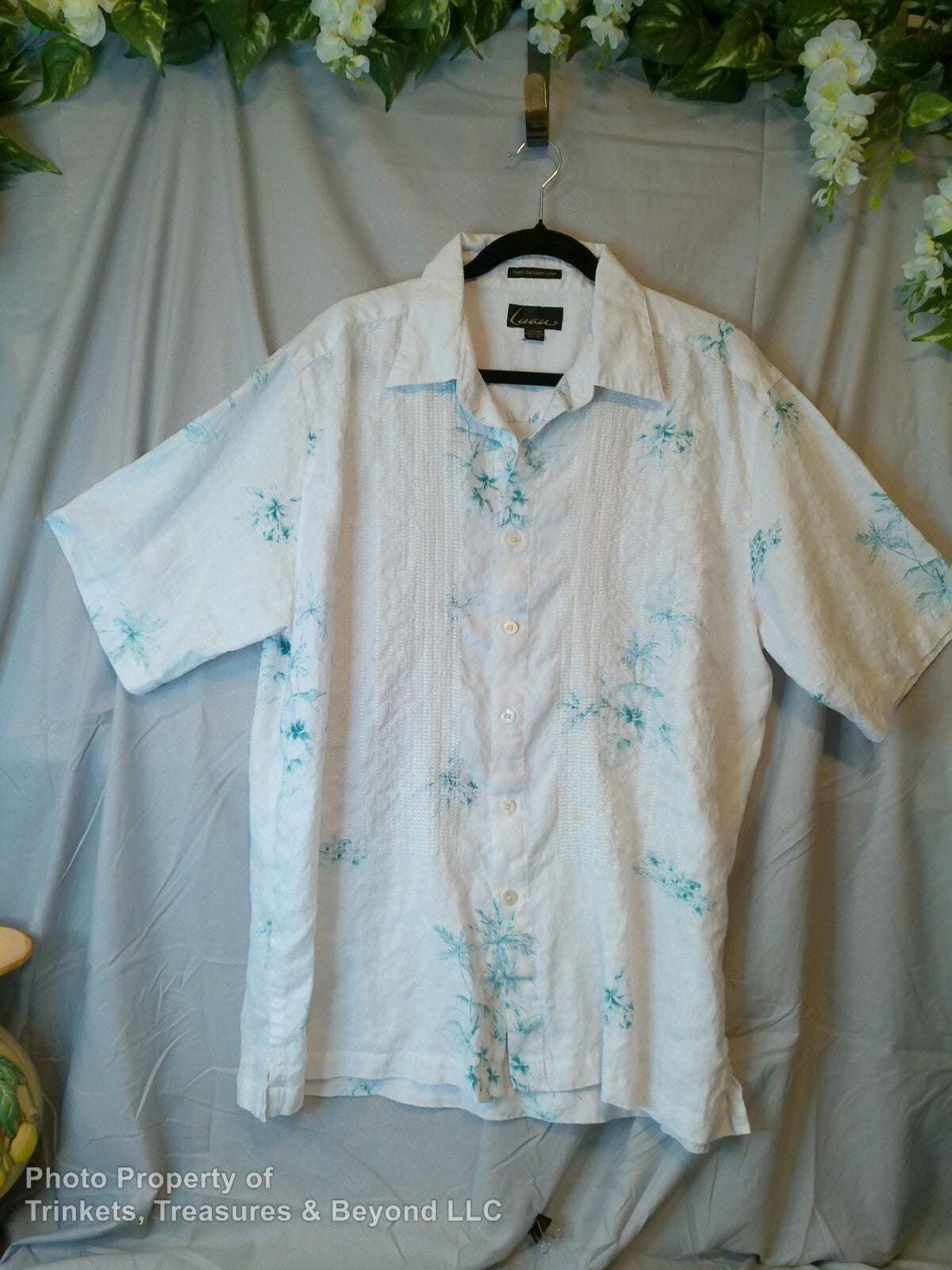 Men's Luau Button-Up Short Sleeve Shirt, White with Floral Print Size XL