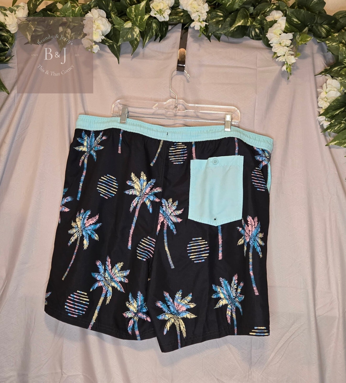 Men's Original Use Swim Trunks Black w/ Colored Palm Trees UPF 50+ Siz