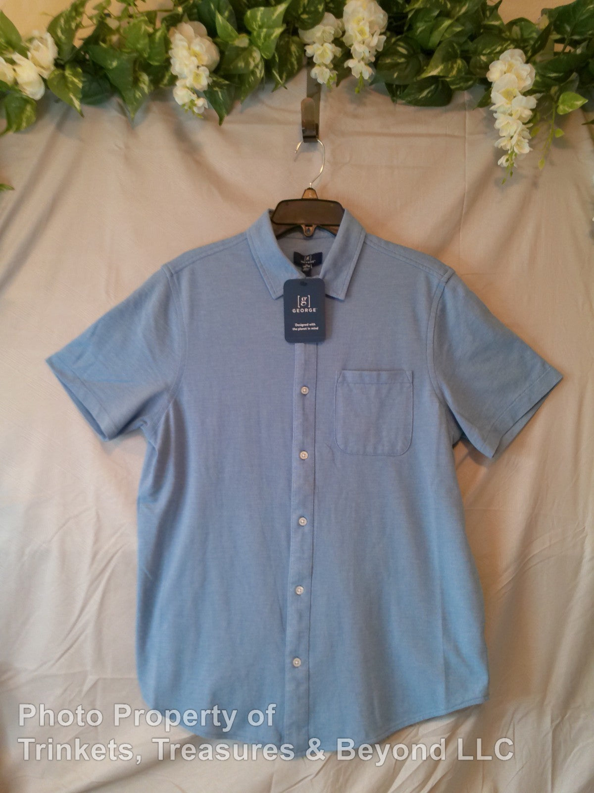 Men's George Button Up Short Sleeve Casual Shirt with Pocket Light Blue Size M