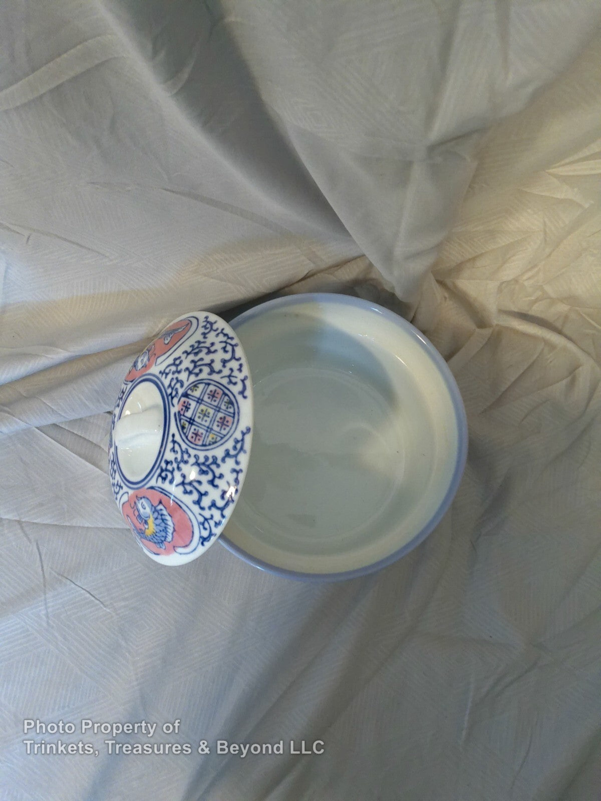 Vintage Ceramic Chinese Tea Caddy White with Blue and Red hand painted design