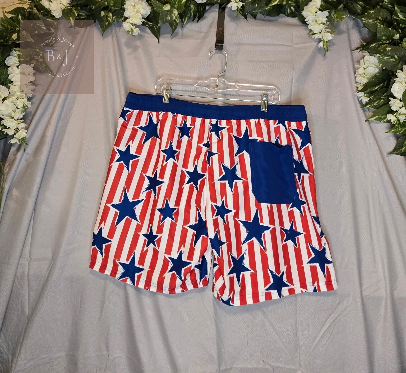 Men's Mad Engine Swim Trunks Red, White Stripes w/ Blue Stars UPF 50+